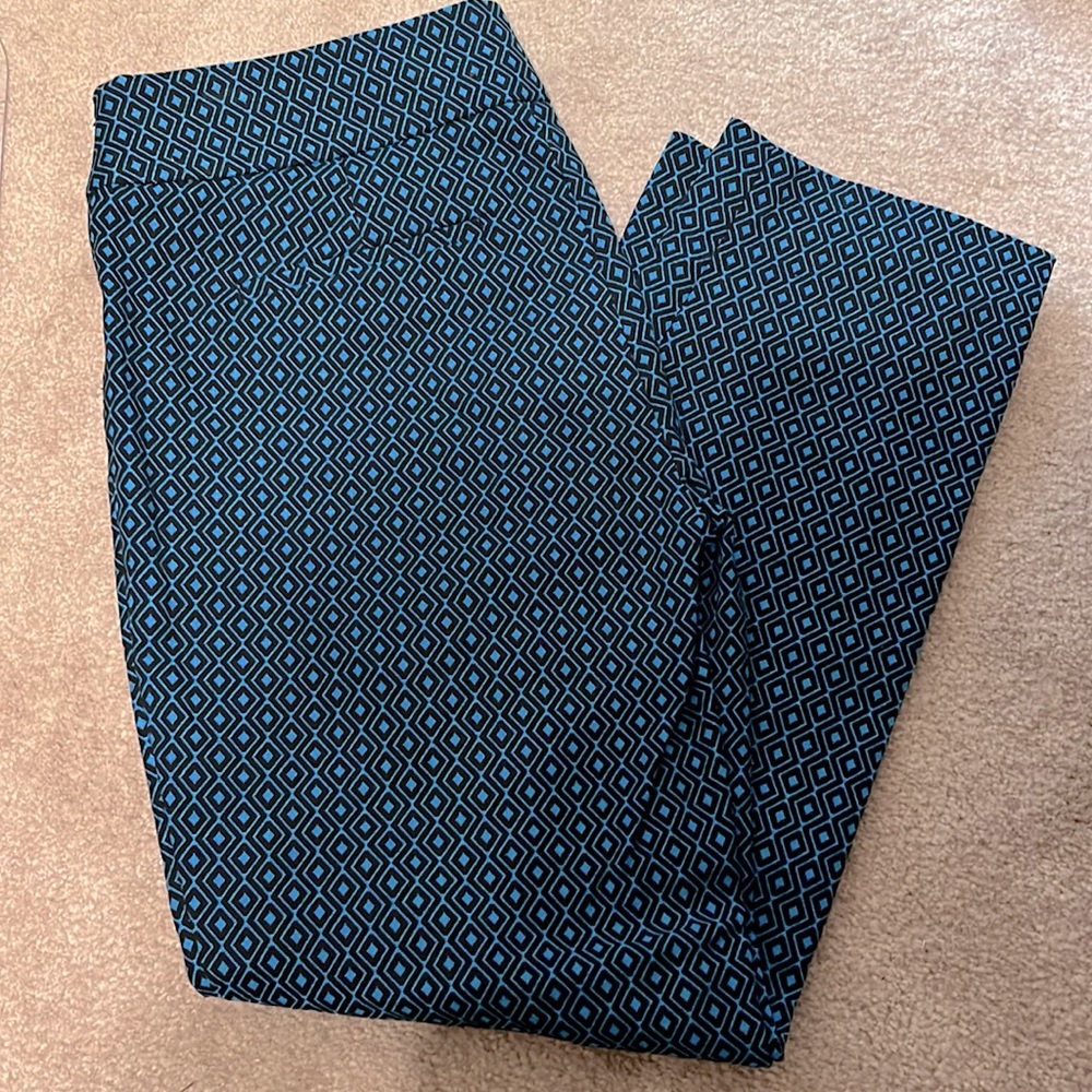 Loft Marisa Teal Blue Black Diamond Ankle Pants Side Zip Size 2